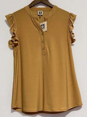 NWT Anne Klein Sleeveless Blouse Ruffled Cap Sleeves Mustard Yellow Size S